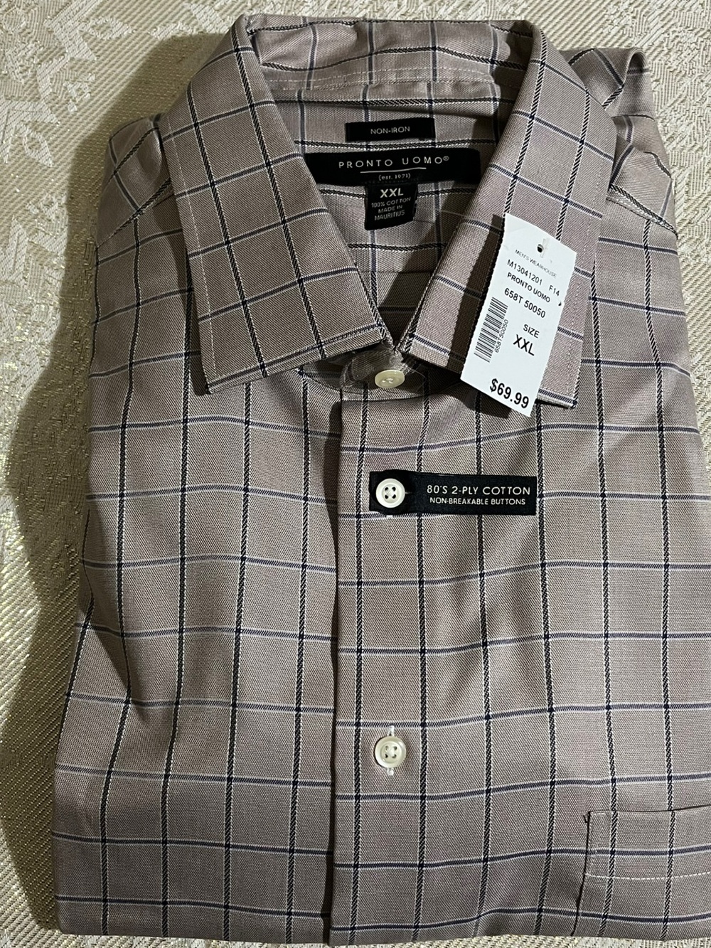 Pronto Uomo Men's XXL Taupe Check Dress Shirt NWT